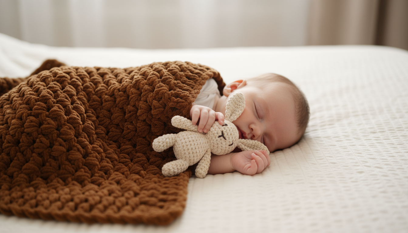 A peaceful close up of a baby sleeping on a cream textured bedspread cuddling a handmade amigurumi 1