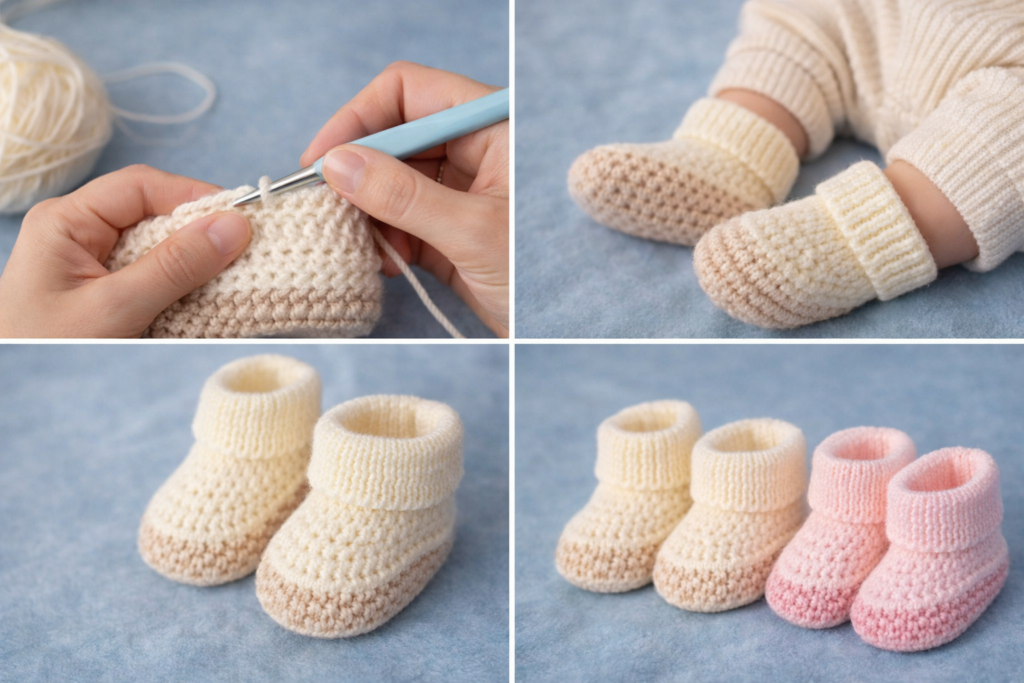 crochet baby booties pattern step by step tutorial handmade newborn baby shoes soft yarn
