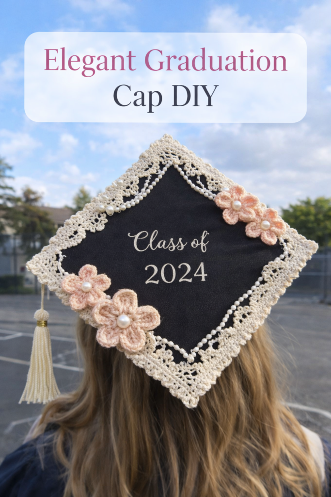 crochet graduation cap decoration with lace and flowers