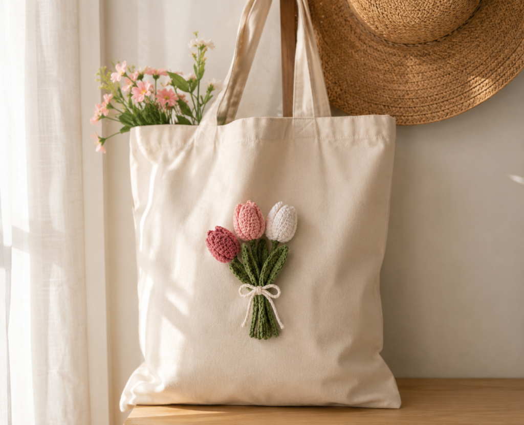 aesthetic crochet tote bag handmade mothers day gift idea with floral crochet details