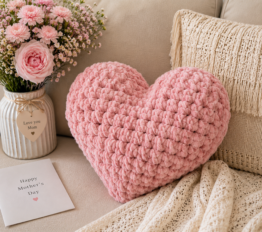 soft pink crochet heart pillow made with dolce plush yarn aesthetic mothers day gift idea