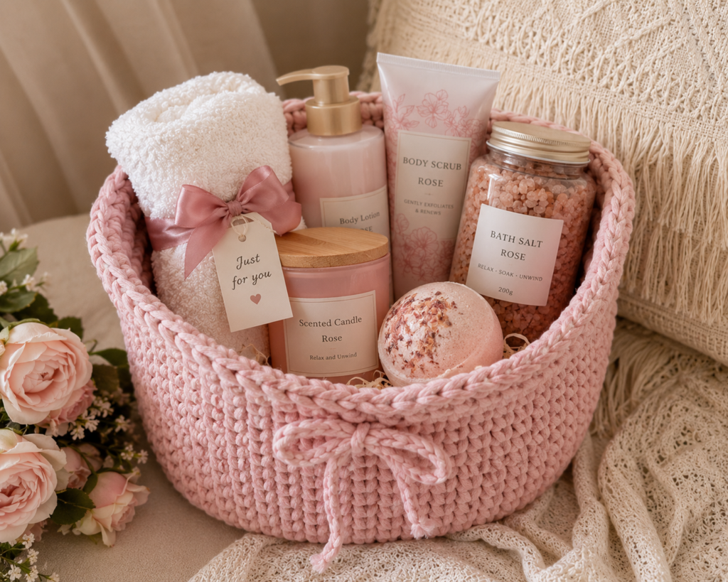 pink crochet spa basket with self care products aesthetic handmade mothers day gift idea