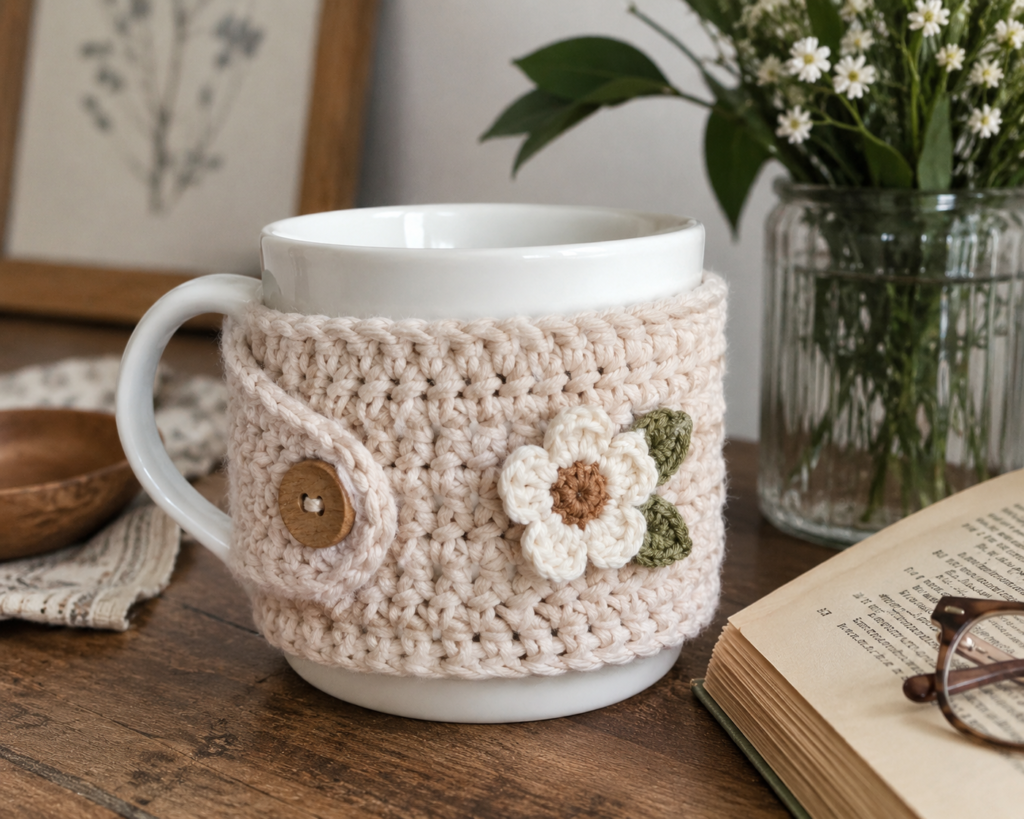 beige crochet mug cozy with flower detail handmade mothers day gift idea on rustic wooden table