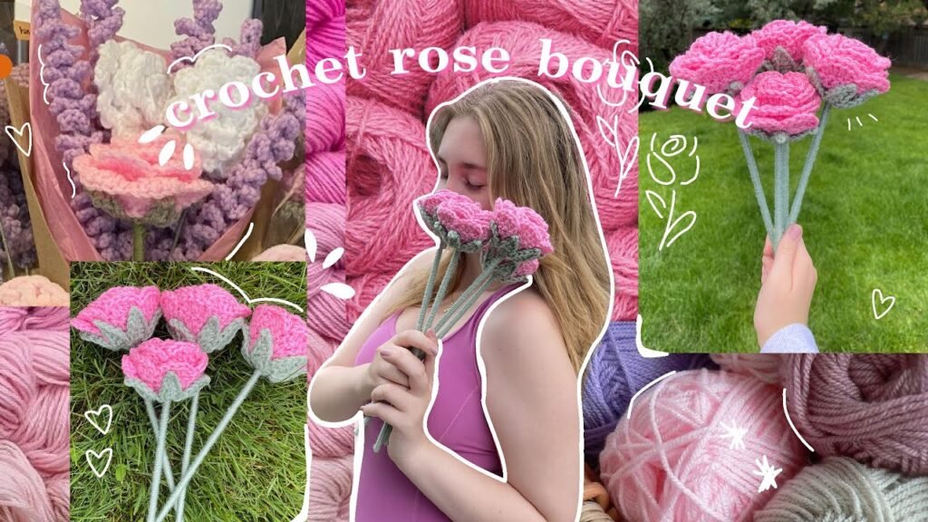 Easy beginner crochet rose bouquet tutorial with soft pink crochet flowers and aesthetic handmade bouquet styling.
