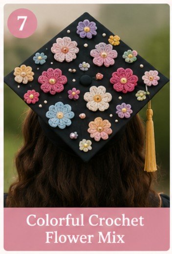 Colorful crochet flower graduation cap decoration idea with aesthetic handmade floral details.