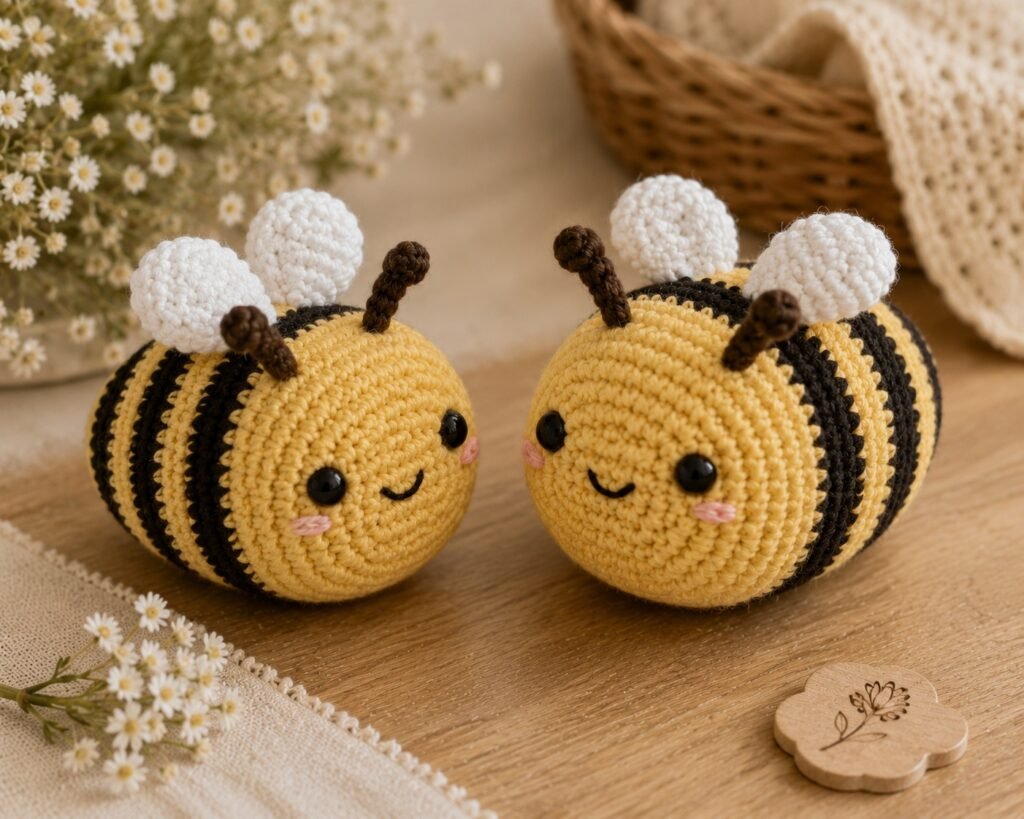 cute crochet bee plushies handmade mothers day gift idea on wooden table