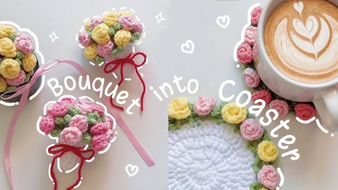 Viral crochet flower bouquet coaster transforming into floral coaster with aesthetic handmade crochet design.