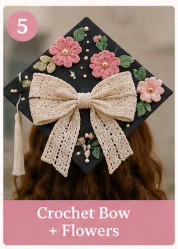 Cute crochet graduation cap decorated with large crochet bow and pink crochet flowers.