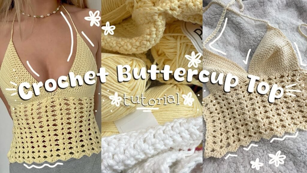 Yellow crochet buttercup top with aesthetic handmade summer crochet fashion style.