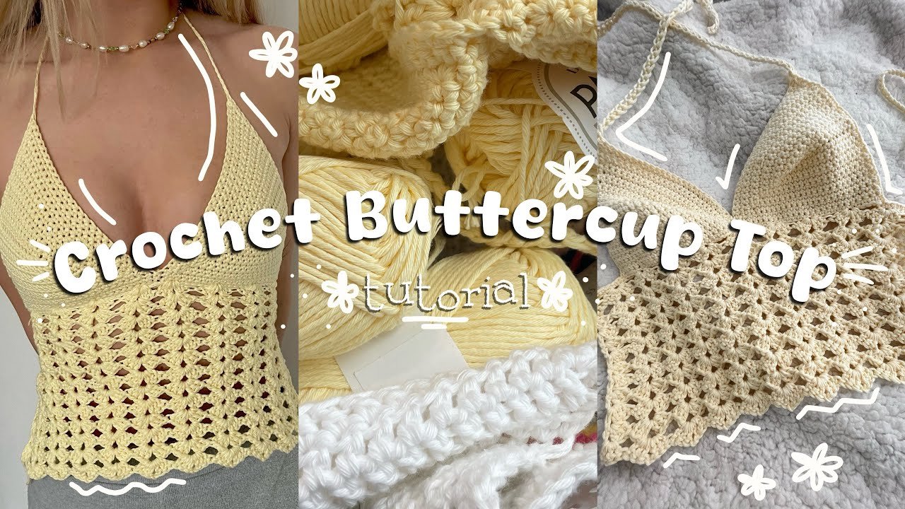 Yellow crochet buttercup top with aesthetic handmade summer crochet fashion style.