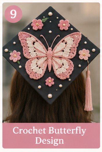 Aesthetic crochet butterfly graduation cap decoration with pink floral handmade details.
