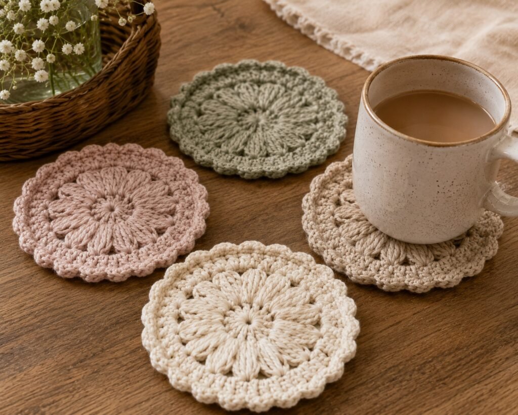 handmade crochet flower coasters with ceramic mug aesthetic mothers day gift idea