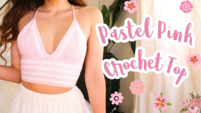 Pink crochet cup top tutorial with beginner-friendly handmade crochet fashion aesthetic.