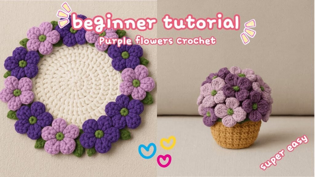 Cute pastel purple crochet flower bouquet basket with aesthetic handmade floral decor inspiration.