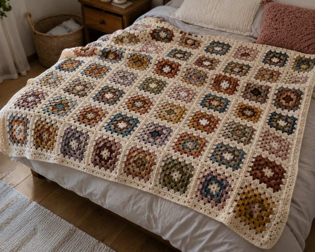 realistic crochet granny square blanket on cozy bed handmade mothers day gift idea