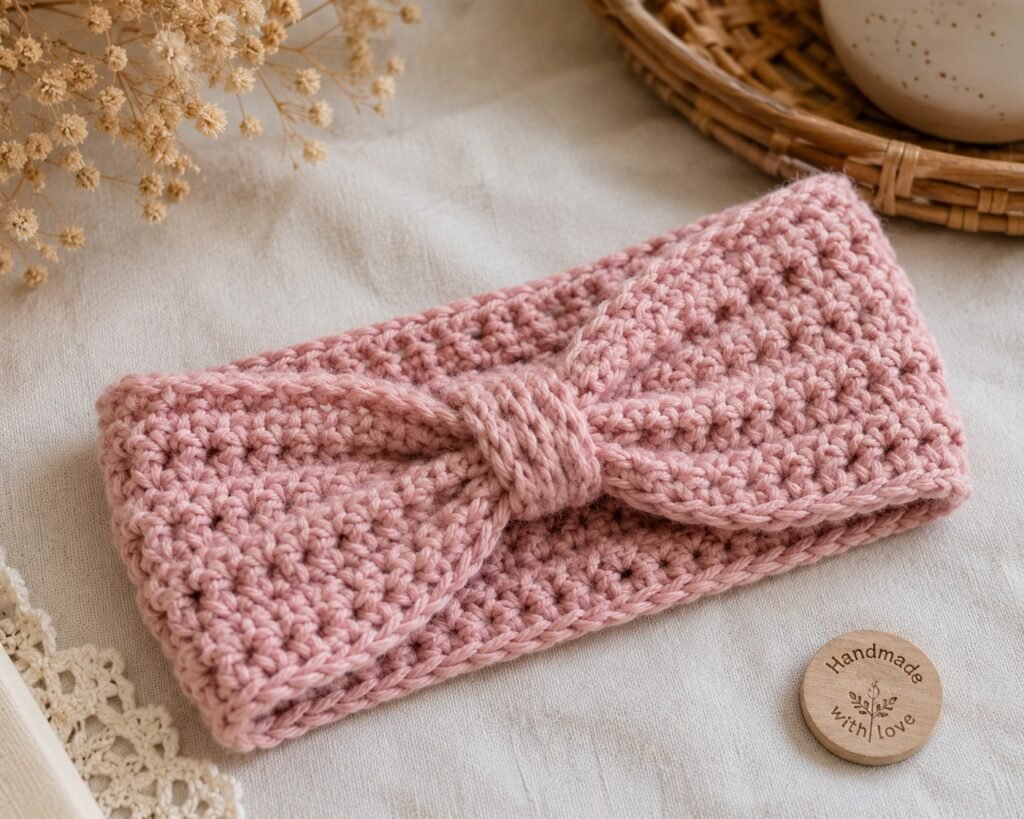 realistic cream crochet headband with twisted knot handmade mothers day gift idea on wooden table
