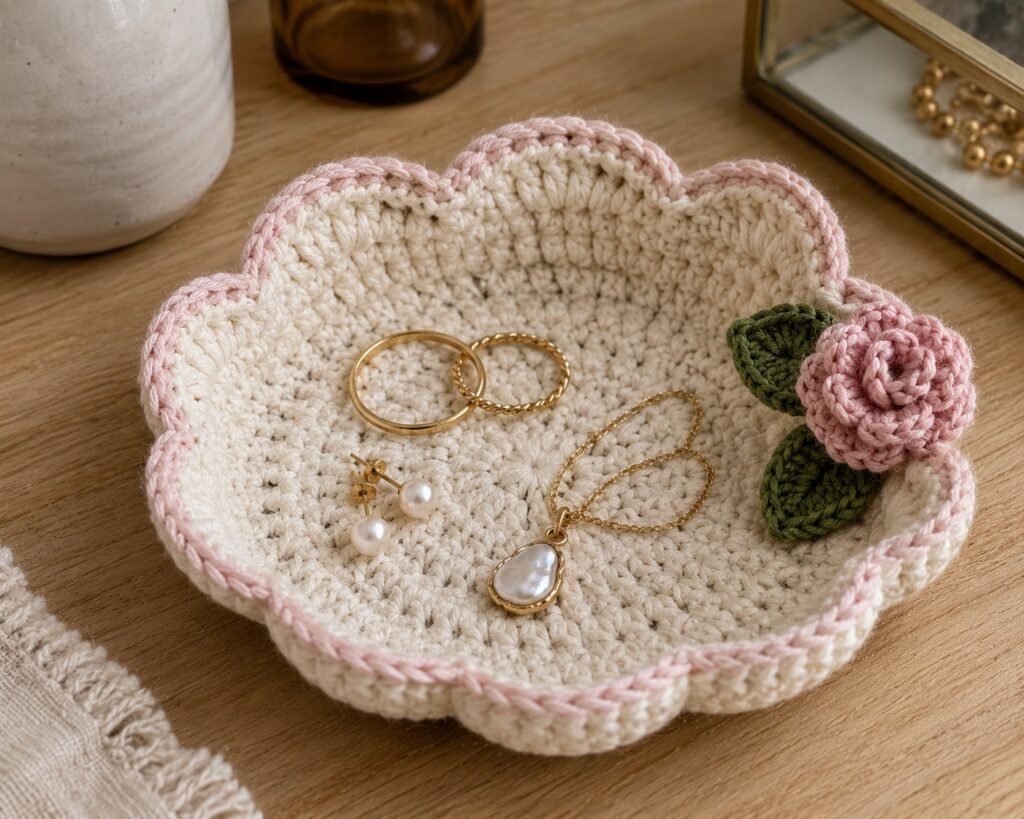 crochet jewelry dish with gold rings and pearl necklace aesthetic handmade mothers day gift idea