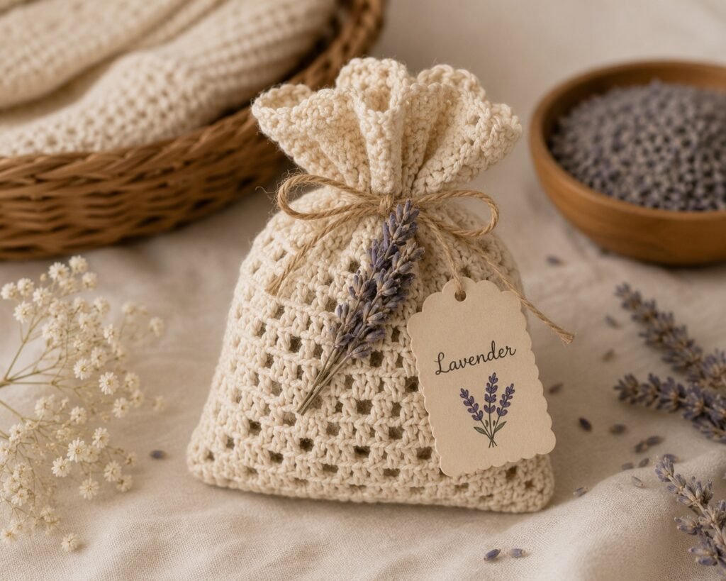 handmade crochet lavender sachet with dried lavender aesthetic mothers day gift idea