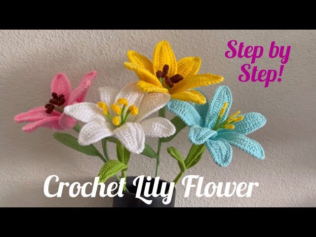 Colorful crochet lily flower bouquet tutorial with handmade floral arrangement and beginner-friendly crochet design.