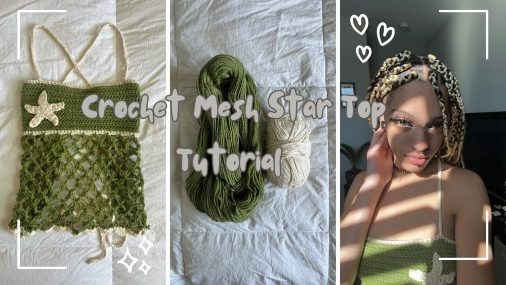 Green crochet mesh star top with trendy Pinterest-inspired crochet summer outfit aesthetic.