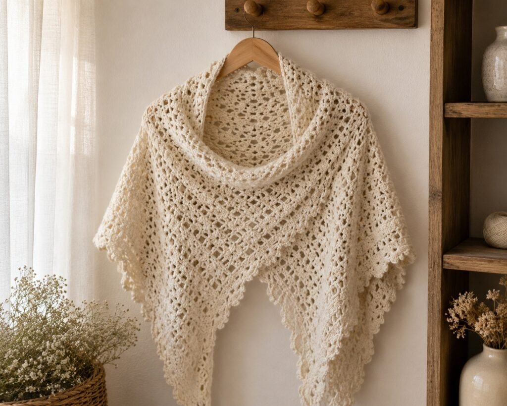 elegant cream crochet shawl hanging on wooden hanger aesthetic handmade mothers day gift idea
