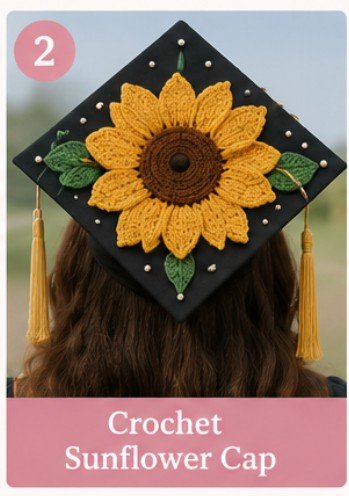 Aesthetic crochet sunflower graduation cap decoration idea with handmade floral design and golden graduation theme.