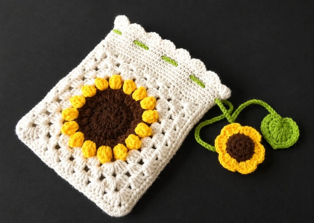 Crochet sunflower phone bag tutorial with granny square sunflower design and handmade aesthetic