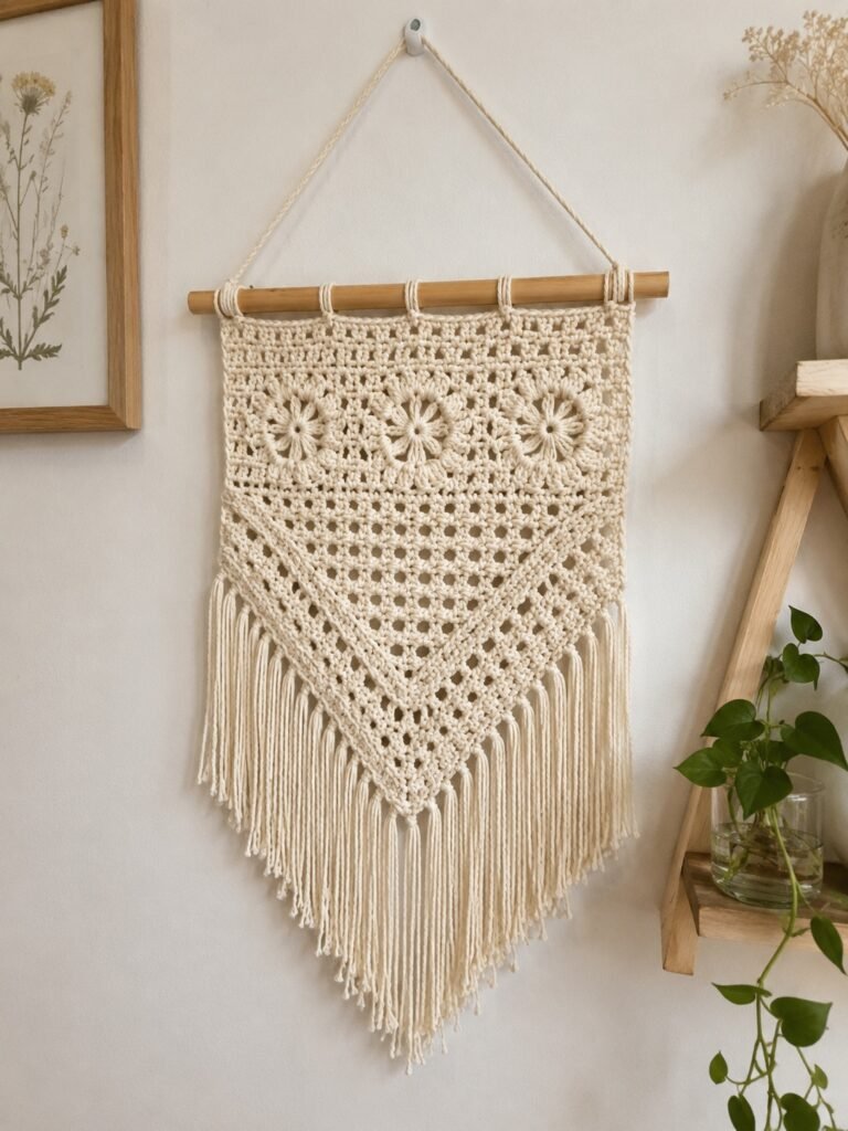 boho crochet wall hanging with fringe aesthetic handmade mothers day gift idea