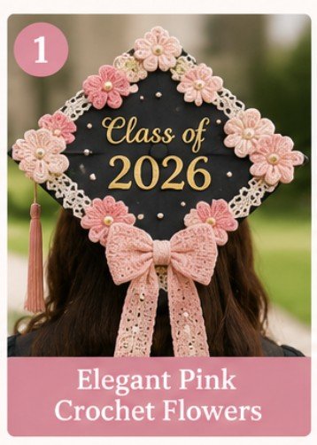 Elegant pink crochet flower graduation cap decoration idea with lace and bow for aesthetic graduation inspiration.