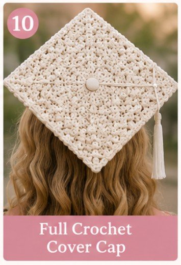 Full crochet graduation cap cover with elegant handmade crochet texture and minimalist aesthetic.