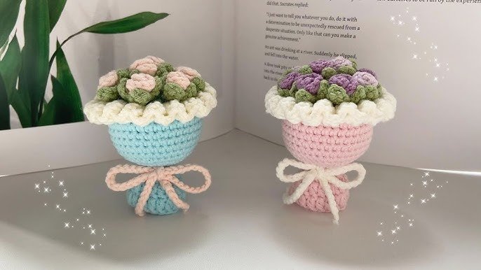 Cute mini floral crochet bouquet with pastel handmade flowers and aesthetic coquette crochet styling.
