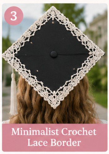Minimalist graduation cap decorated with elegant white crochet lace border for a classy handmade aesthetic.