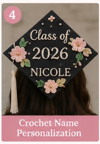 Personalized crochet graduation cap with floral decorations and custom name aesthetic DIY idea.