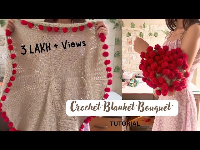 Romantic crochet blanket bouquet tutorial with giant red crochet roses and aesthetic handmade gift inspiration.