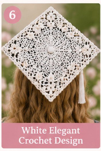 Elegant white crochet graduation cap cover with delicate handmade lace crochet pattern.